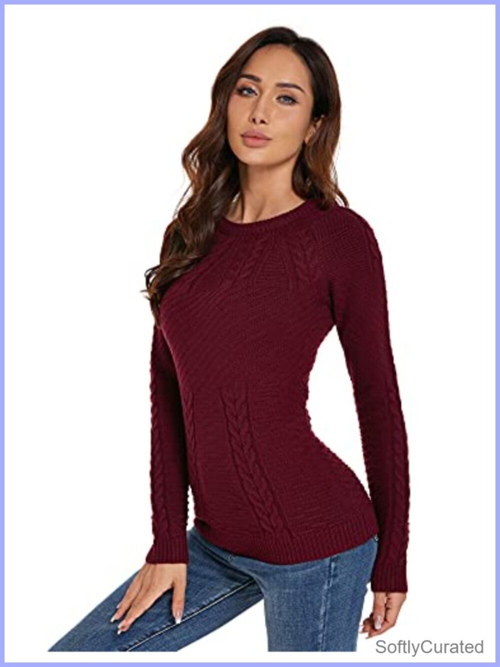 Cable Knit Raglan Long Sleeve Crewneck Sweater Slim Fit